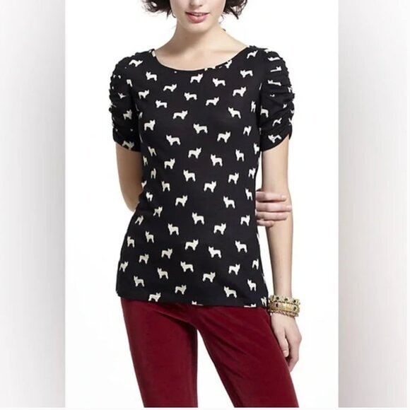 Anthropologie Postmark Here and There French Bulldog short sleeve top Siz XL - Picture 2 of 2